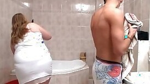 BBW gets gang banged in the bathroom