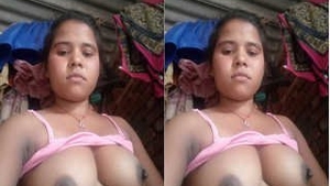 A stunning country girl flaunts her ample bosom and pleasures herself with her hands