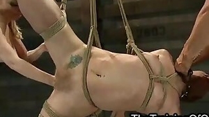 Tied up suspended blonde tortured and fisted and throat fucked