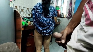 Indian couple gets intimate in the kitchen wearing nightwear and recording in Hindi