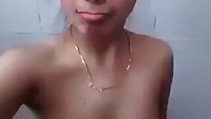 Desi girl showing her cute boobs on selfie cam in bathroom
